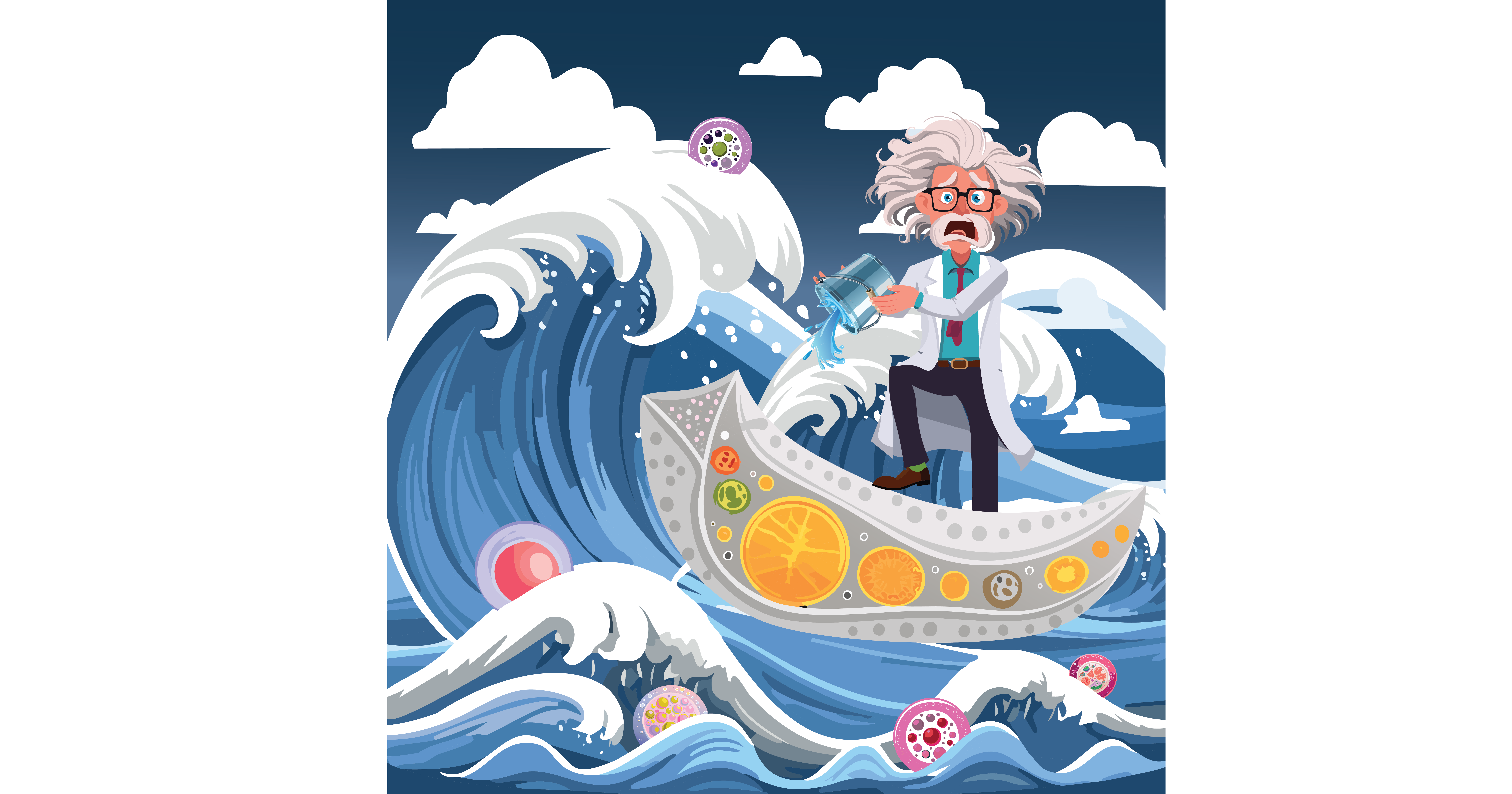 <b>A fight against ambient expression.</b><br>On a stormy sea "of ambient gene expression" a scientist is bailing out water (ambient expression) from his sinking boat (sequencing droplet containing a cell).