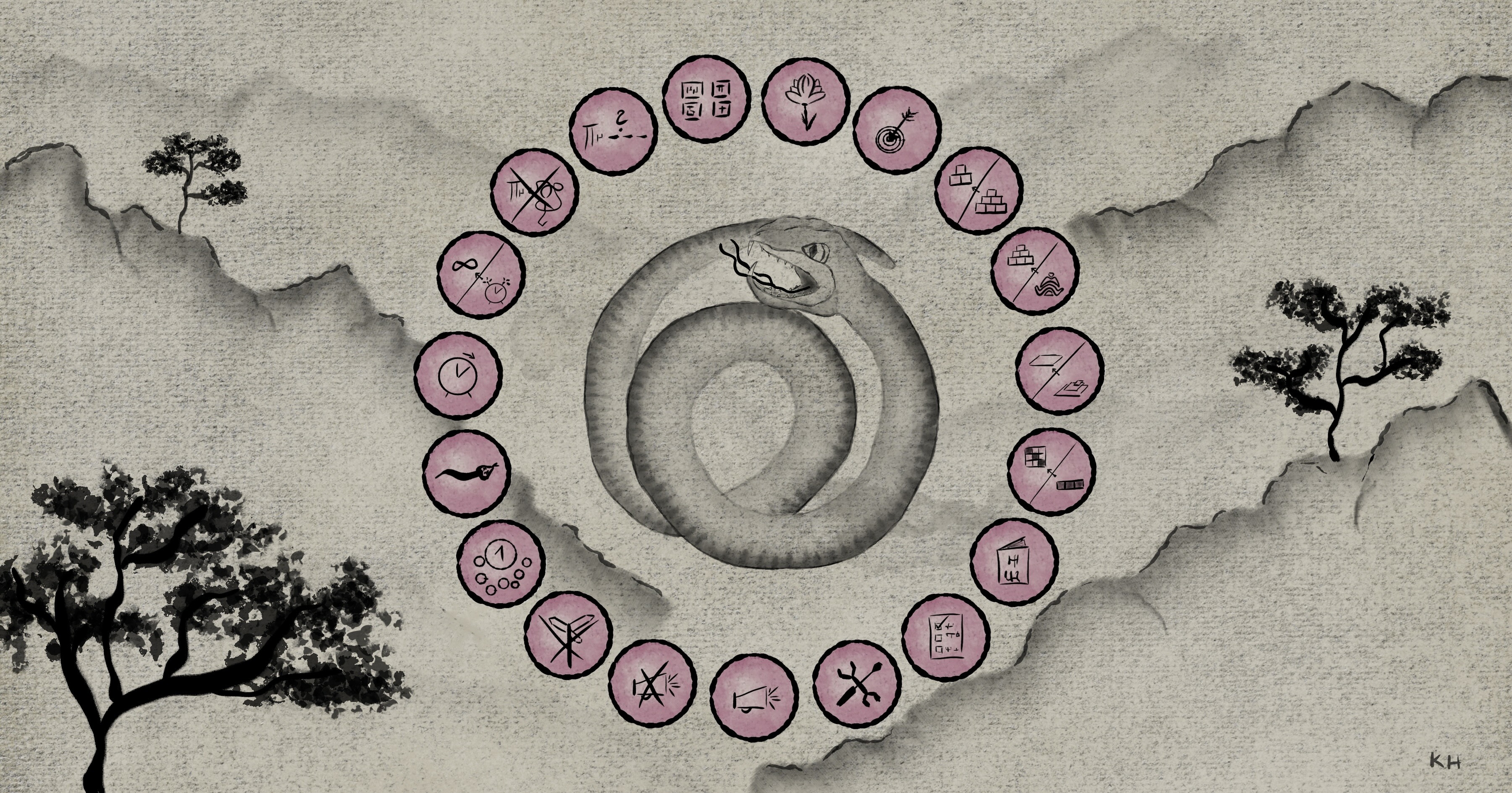 <b>The Zen of Python.</b><br>Illustration of PEP 20 principles in sumi-e (Japanese brush painting) style.